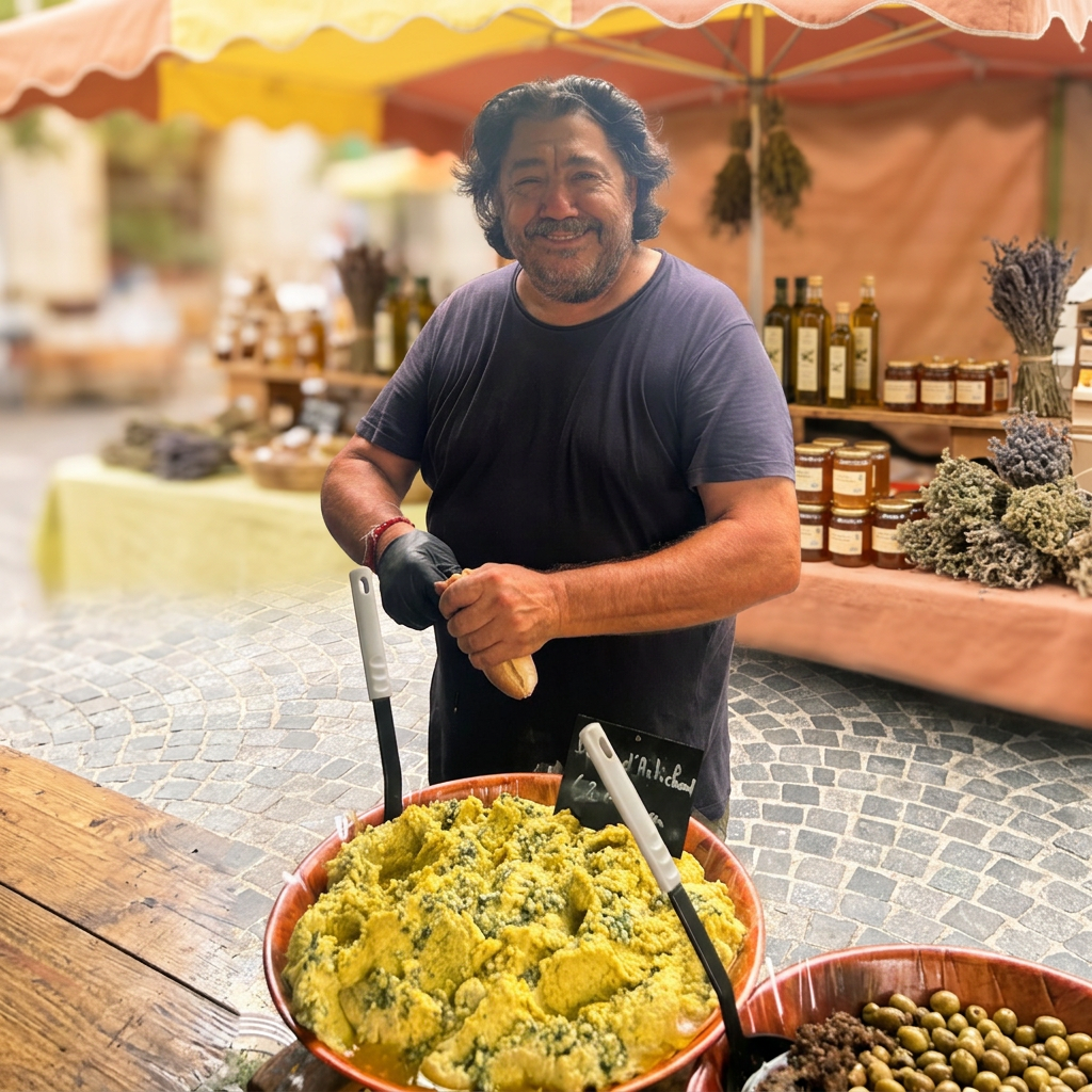 Jeff, de Terre de Provence, sur son stand de marché