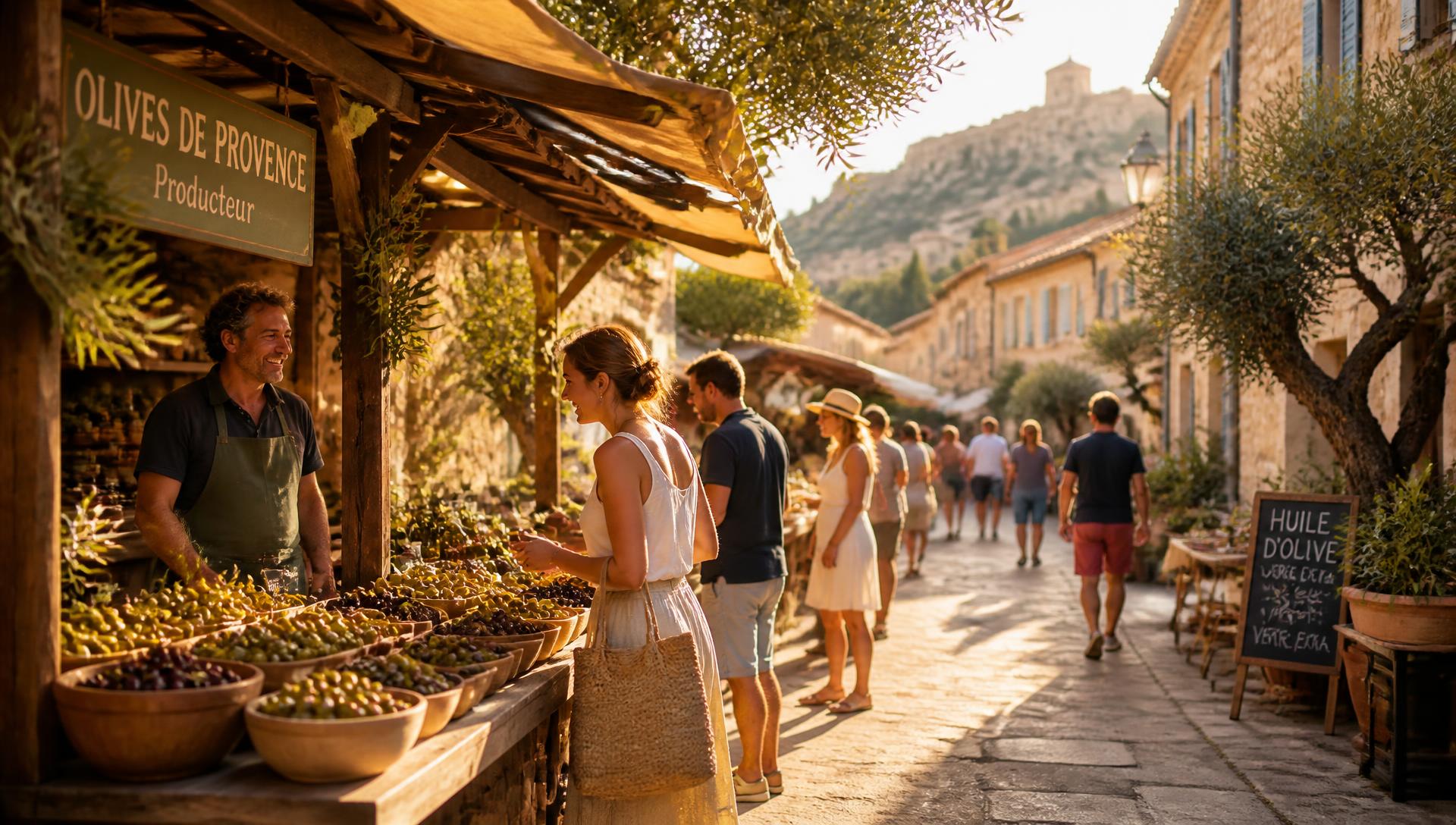 Marché provençal ensoleillé avec des étals d'olives
